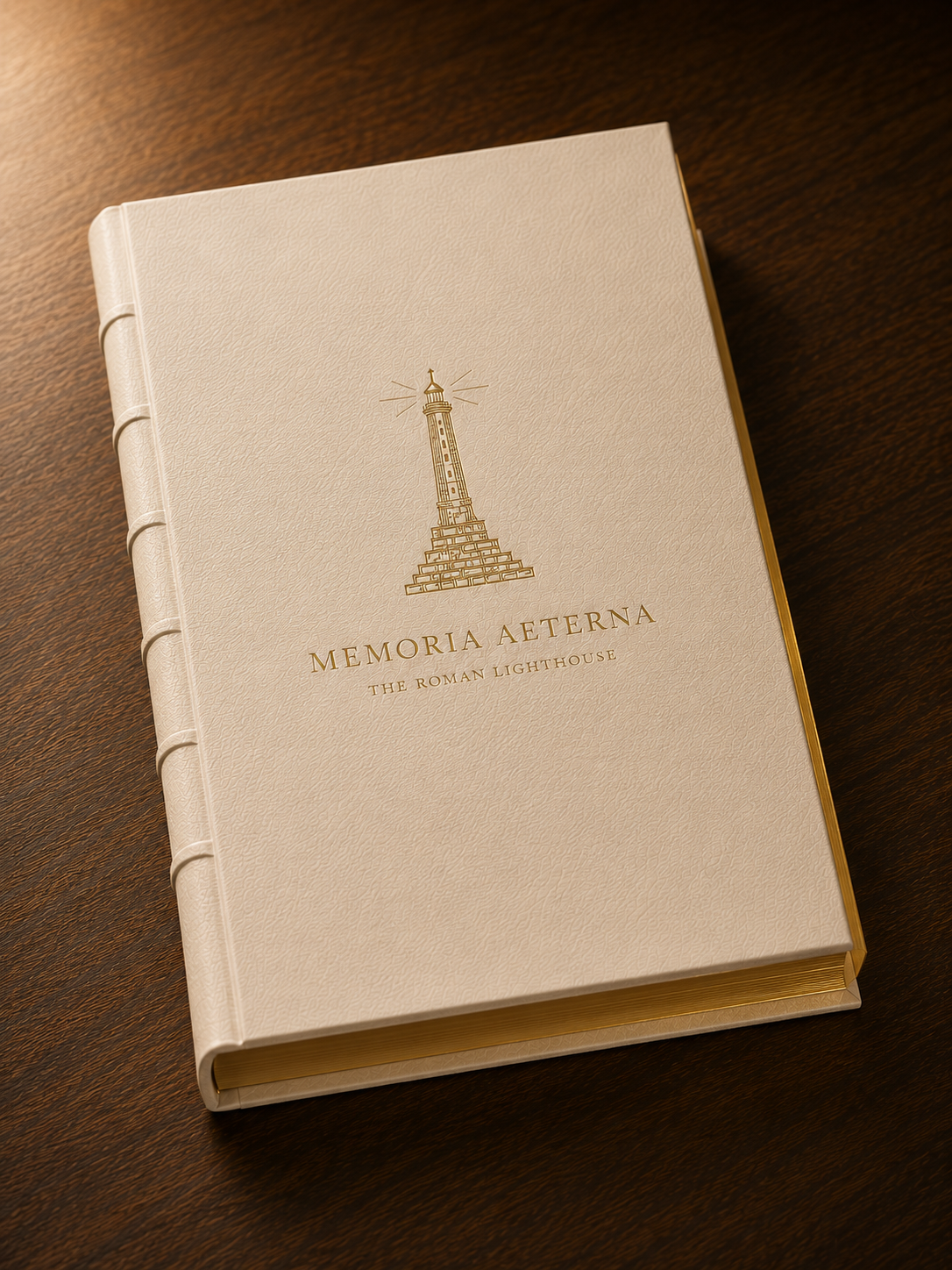 Closed cream leather Codex with gold-embossed lighthouse, on dark wood