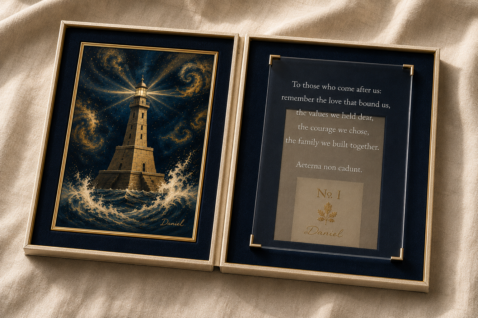 Opened Codex, left: original painting of the lighthouse on a stormy sea, signed Daniel; right: clear sapphire tablet engraved with a message, edition mark Nº I, family emblem (a tree)