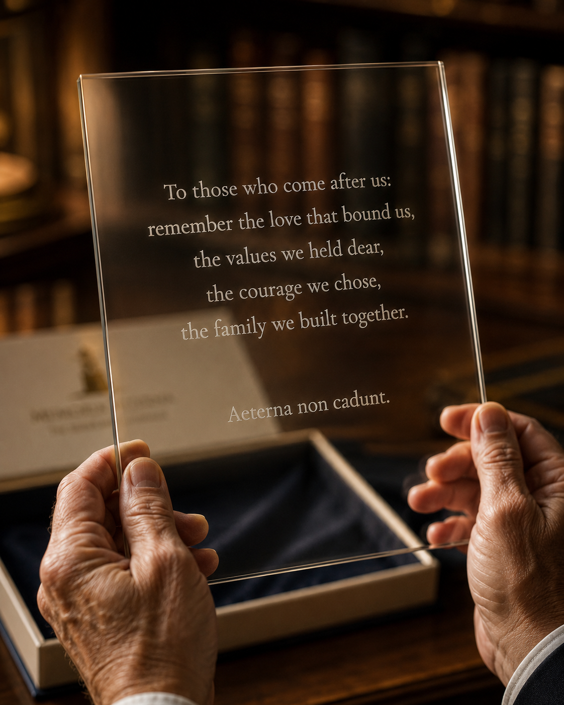 Hands holding an engraved sapphire tablet in a library setting
